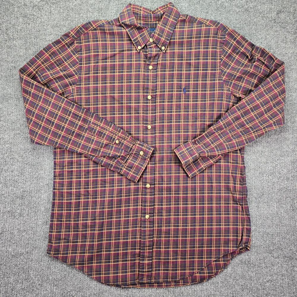 Polo Ralph Lauren Shirt Mens Large Burgundy Yellow Blue Plaid Button Down Pony